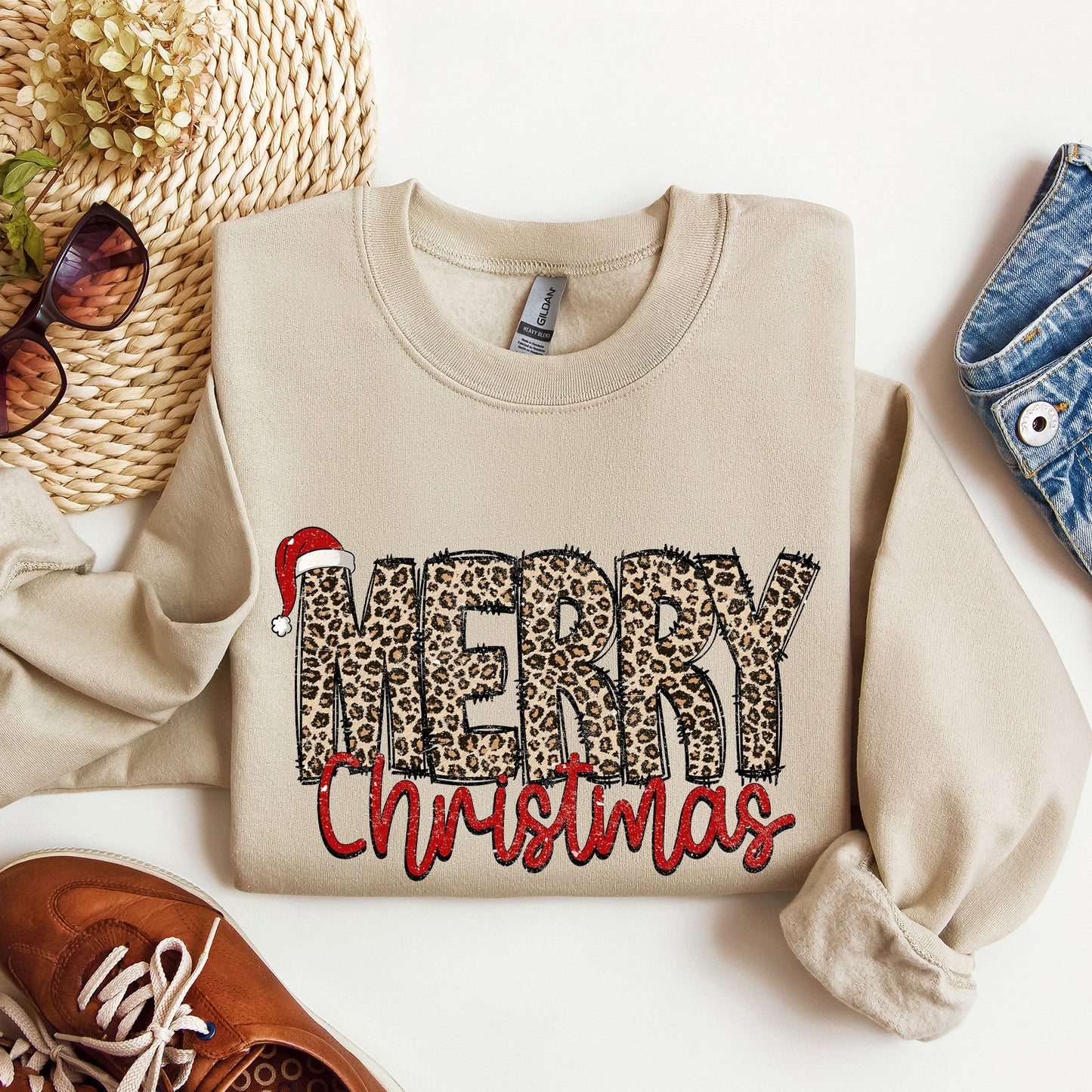 Merry Christmas, Retro, Leopard Print Sweatshirt