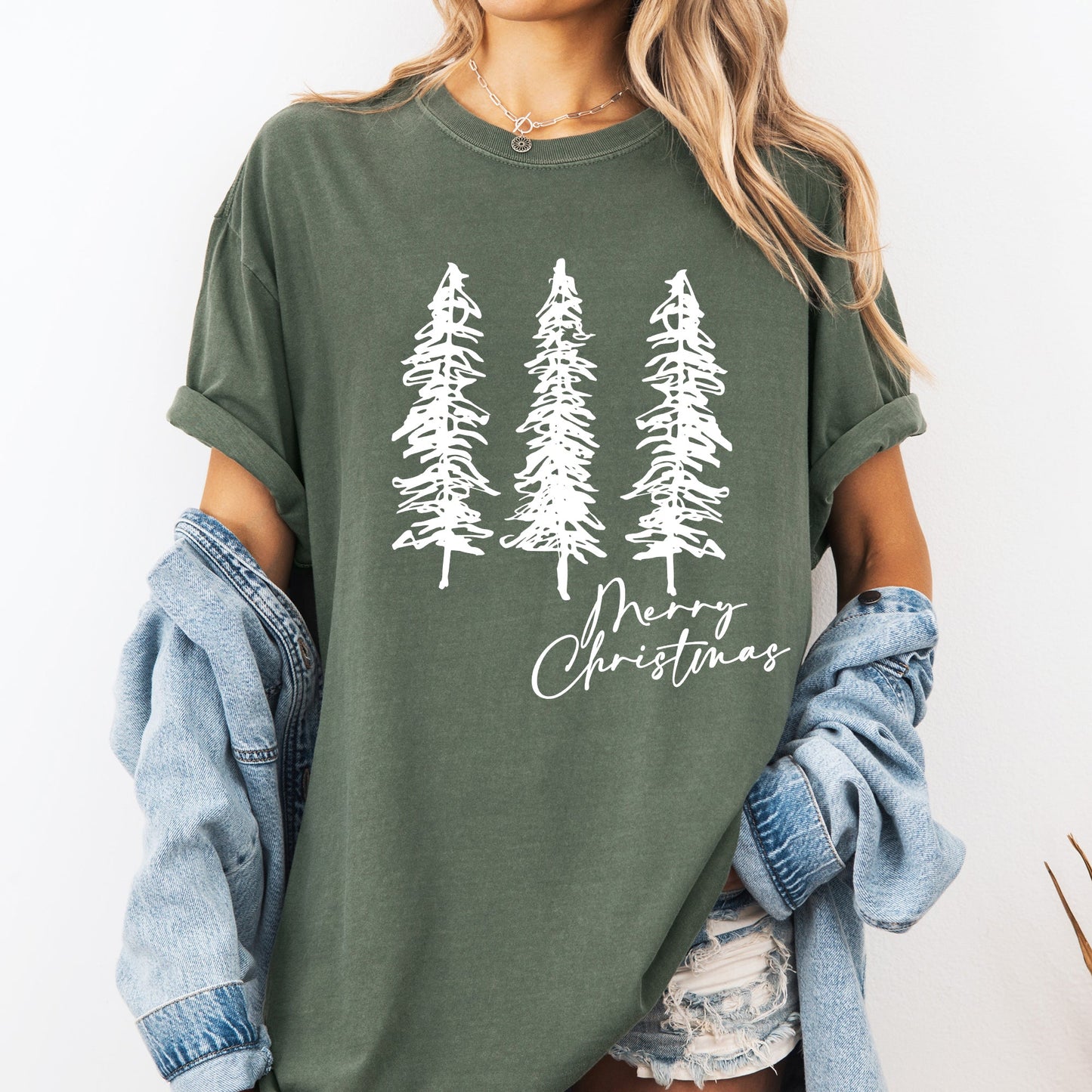 Merry Christmas, Sketched Pine Trees, Minimalist, Winter, Snow, Xmas Tshirt Comfort Colors T-Shirt