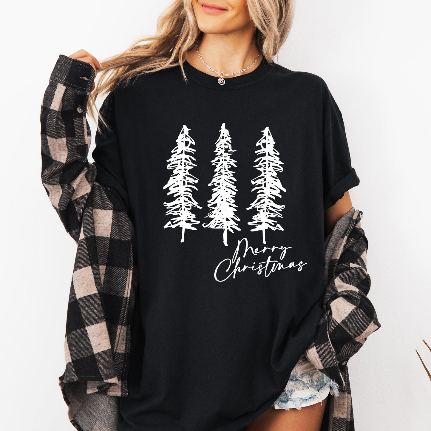 Merry Christmas, Sketched Pine Trees, Minimalist, Winter, Snow, Xmas Tshirt Comfort Colors T-Shirt