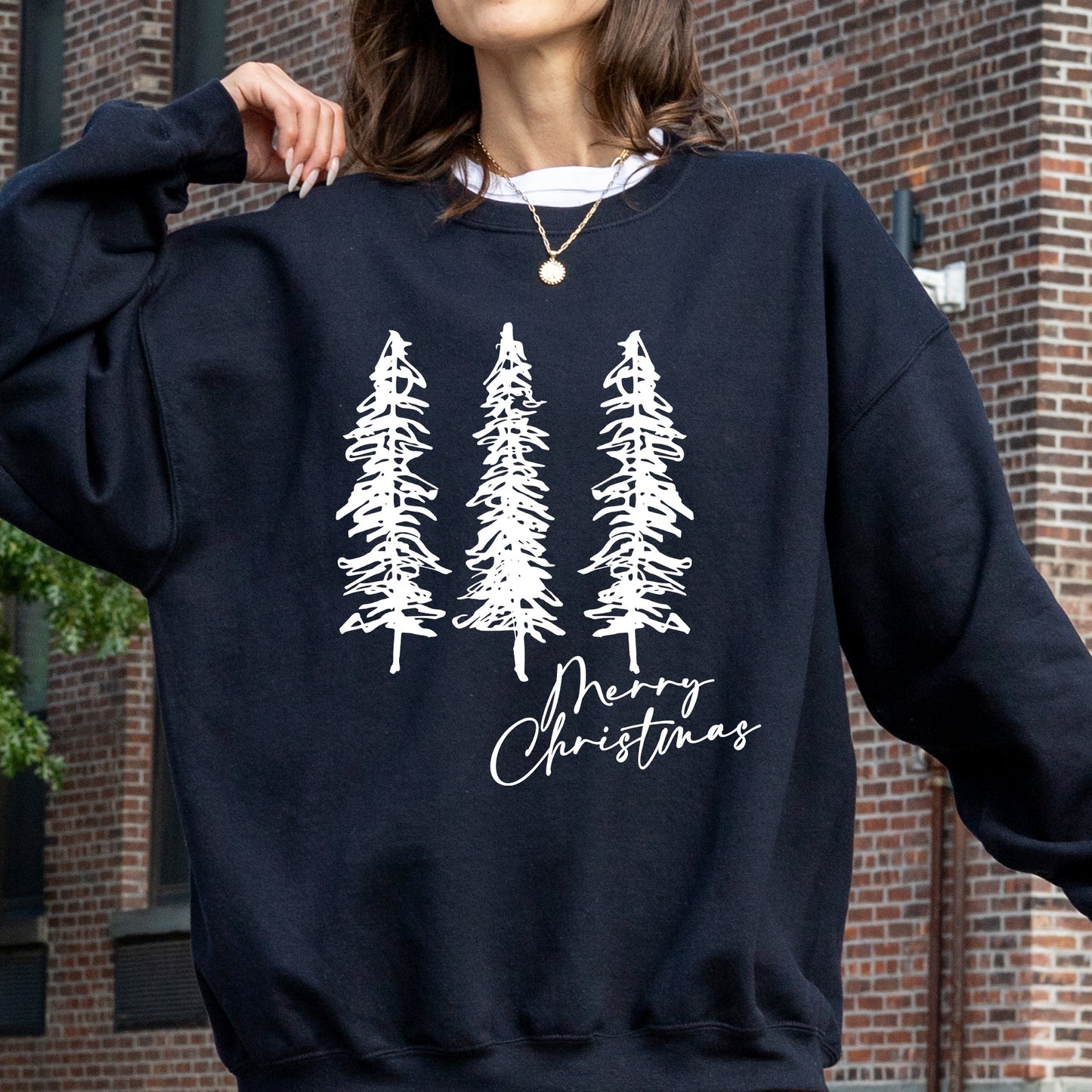 Merry Christmas, Sketched Pine Trees, Minimalist, Winter, Snow, Xmas Sweatshirt