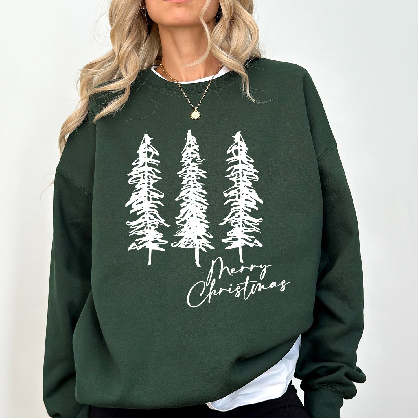 Merry Christmas, Sketched Pine Trees, Minimalist, Winter, Snow, Xmas Sweatshirt