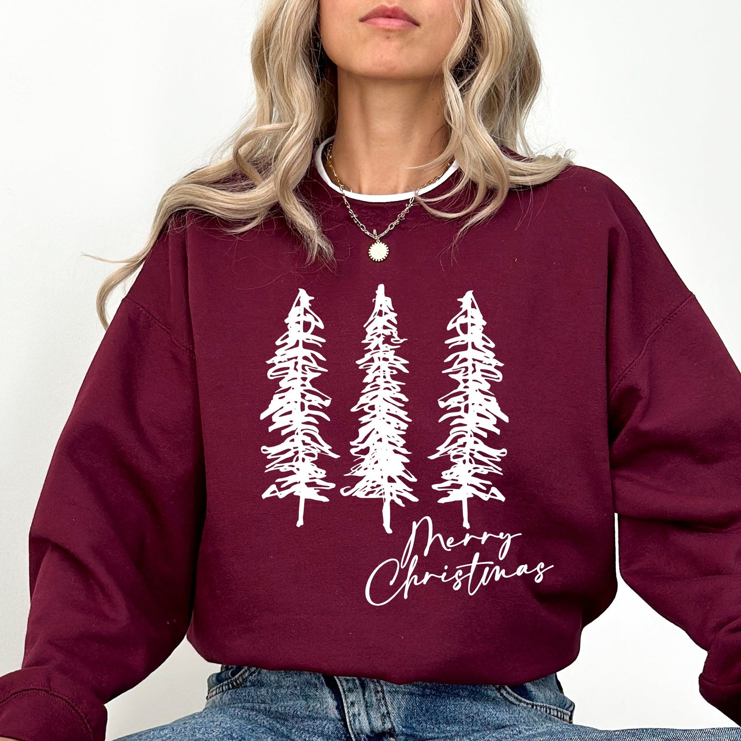 Merry Christmas, Sketched Pine Trees, Minimalist, Winter, Snow, Xmas Sweatshirt