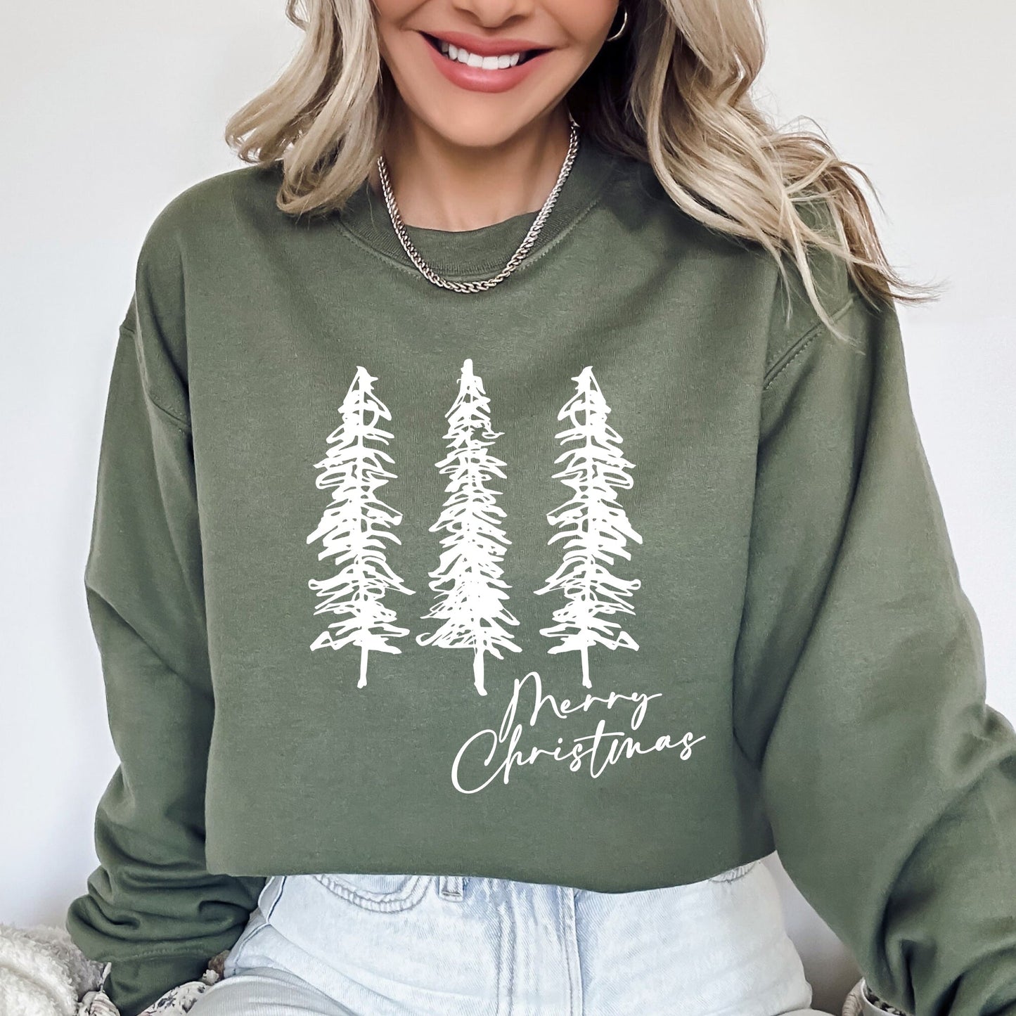 Merry Christmas, Sketched Pine Trees, Minimalist, Winter, Snow, Xmas Sweatshirt