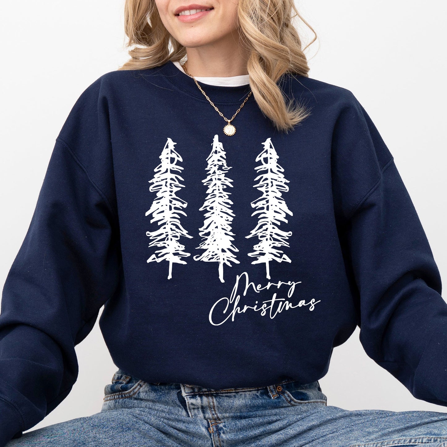 Merry Christmas, Sketched Pine Trees, Minimalist, Winter, Snow, Xmas Sweatshirt