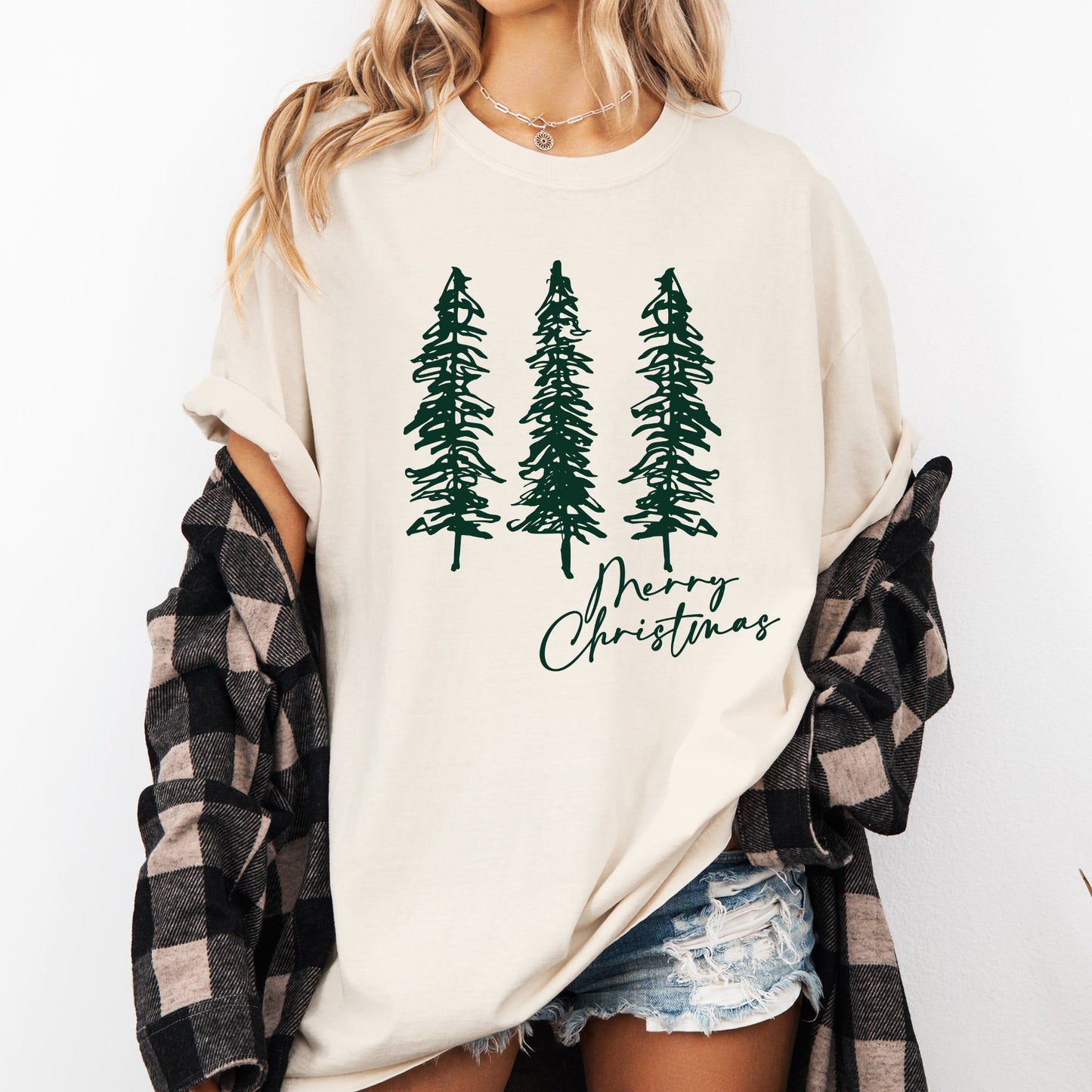 Merry Christmas, Sketched Pine Trees, Minimalist, Winter, Snow, Xmas Tshirt Comfort Colors T-Shirt