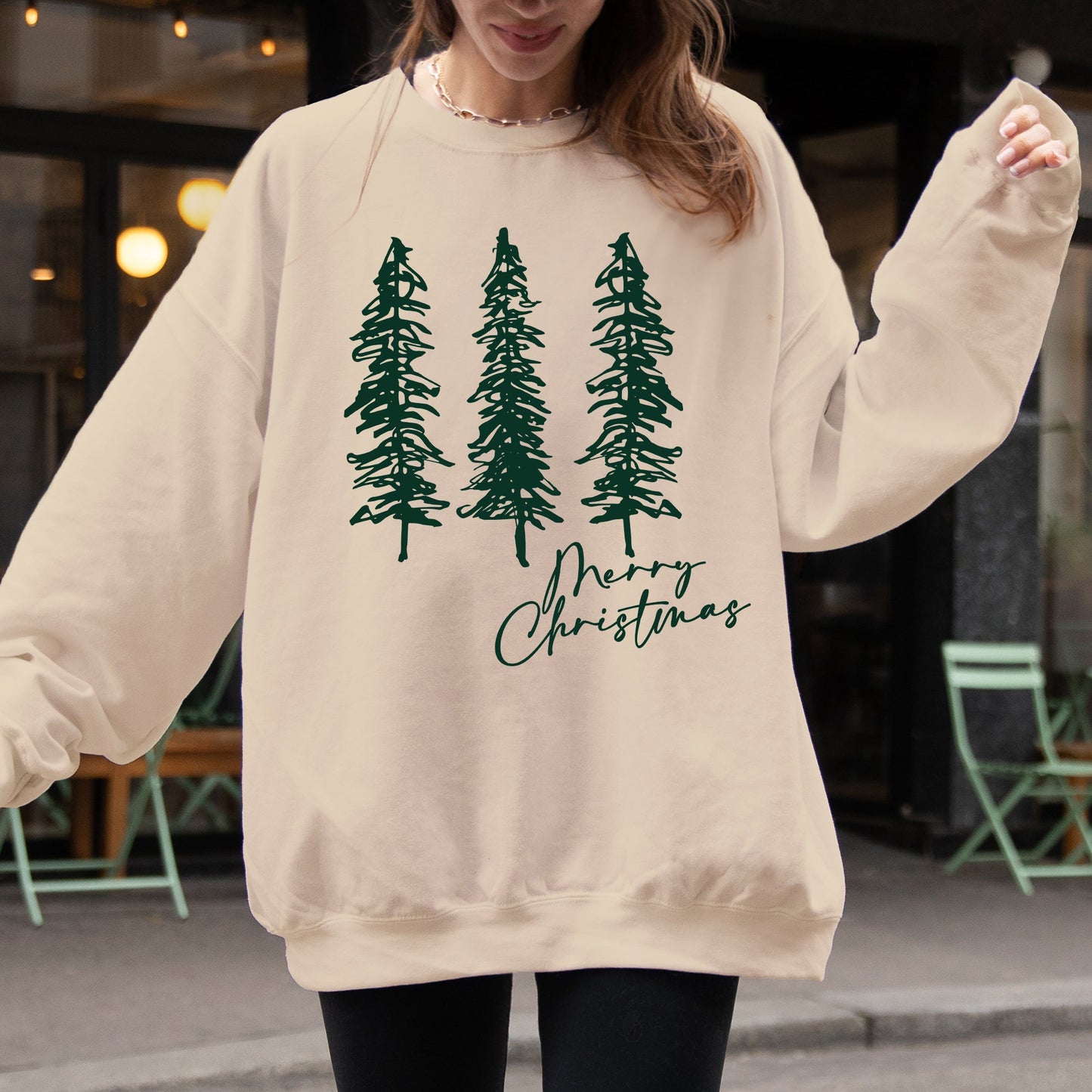Merry Christmas, Sketched Pine Trees, Minimalist, Winter, Snow, Xmas Sweatshirt