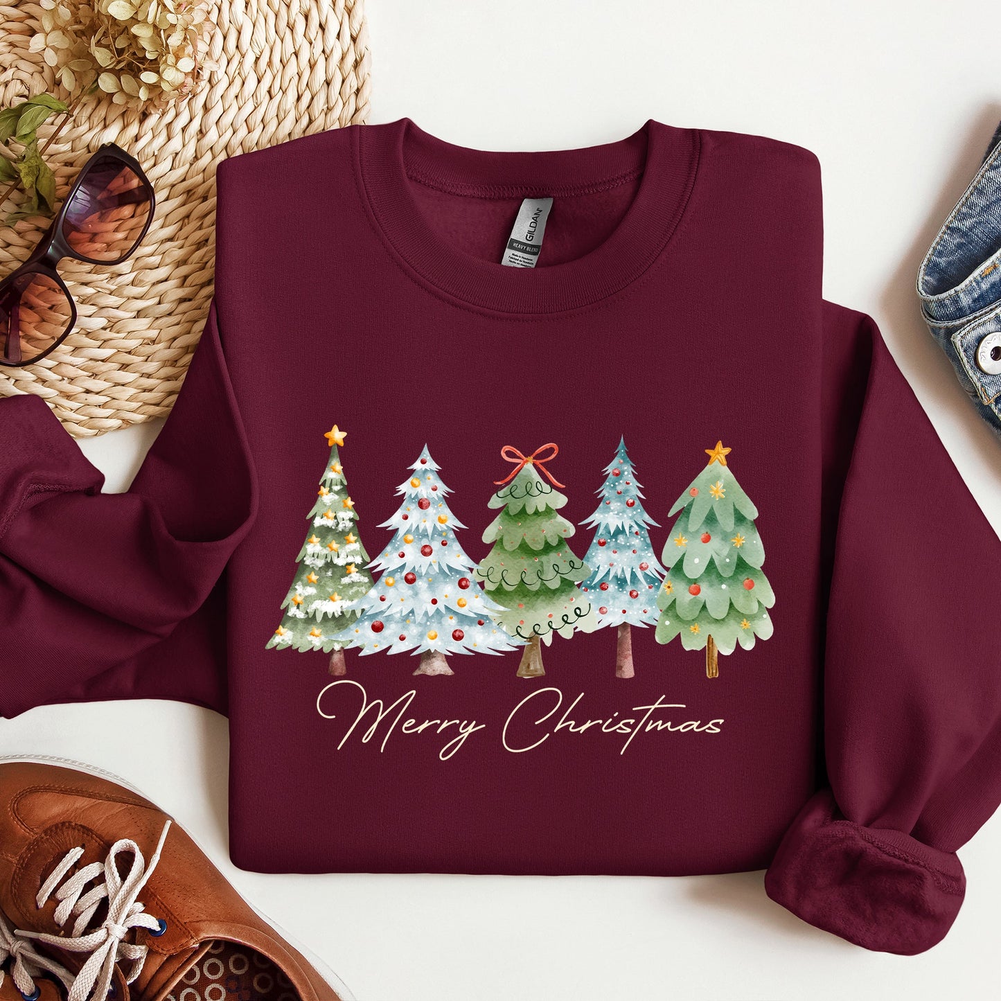 Merry Christmas, Tree, Colorful, Winter, Santa Sweatshirt