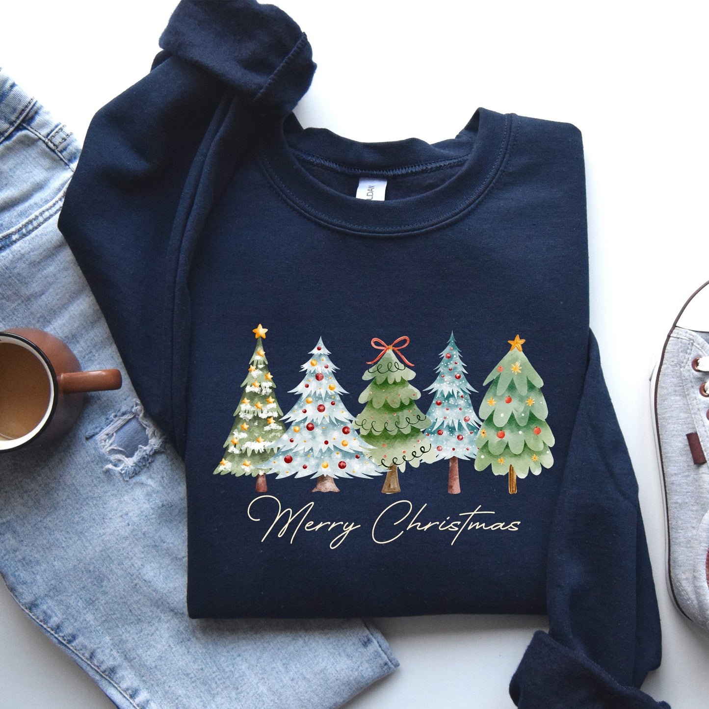 Merry Christmas, Tree, Colorful, Winter, Santa Sweatshirt