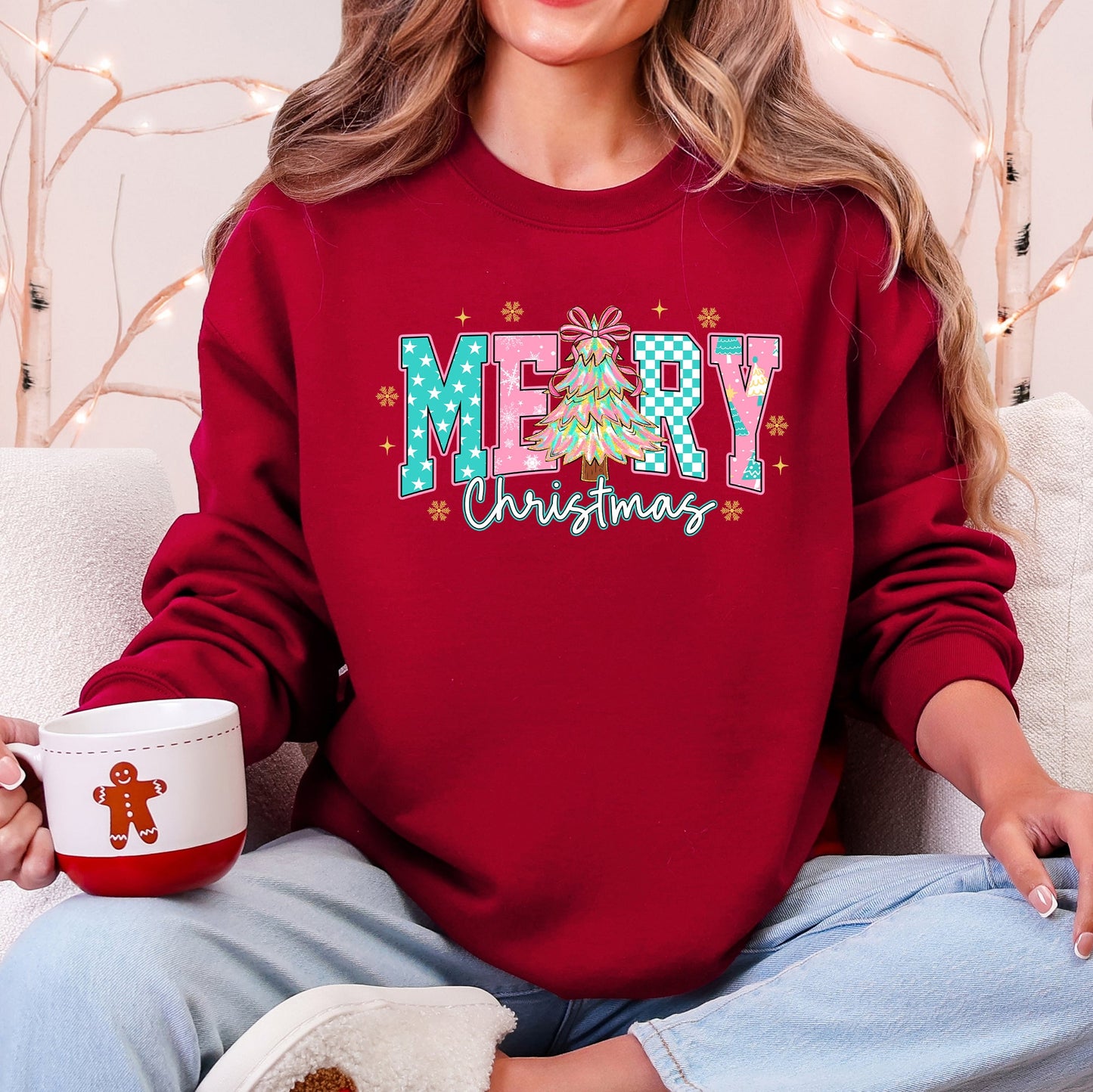 Merry Christmas, Varsity, Christmas Tree, Pink Pattern, Santa Sweatshirt