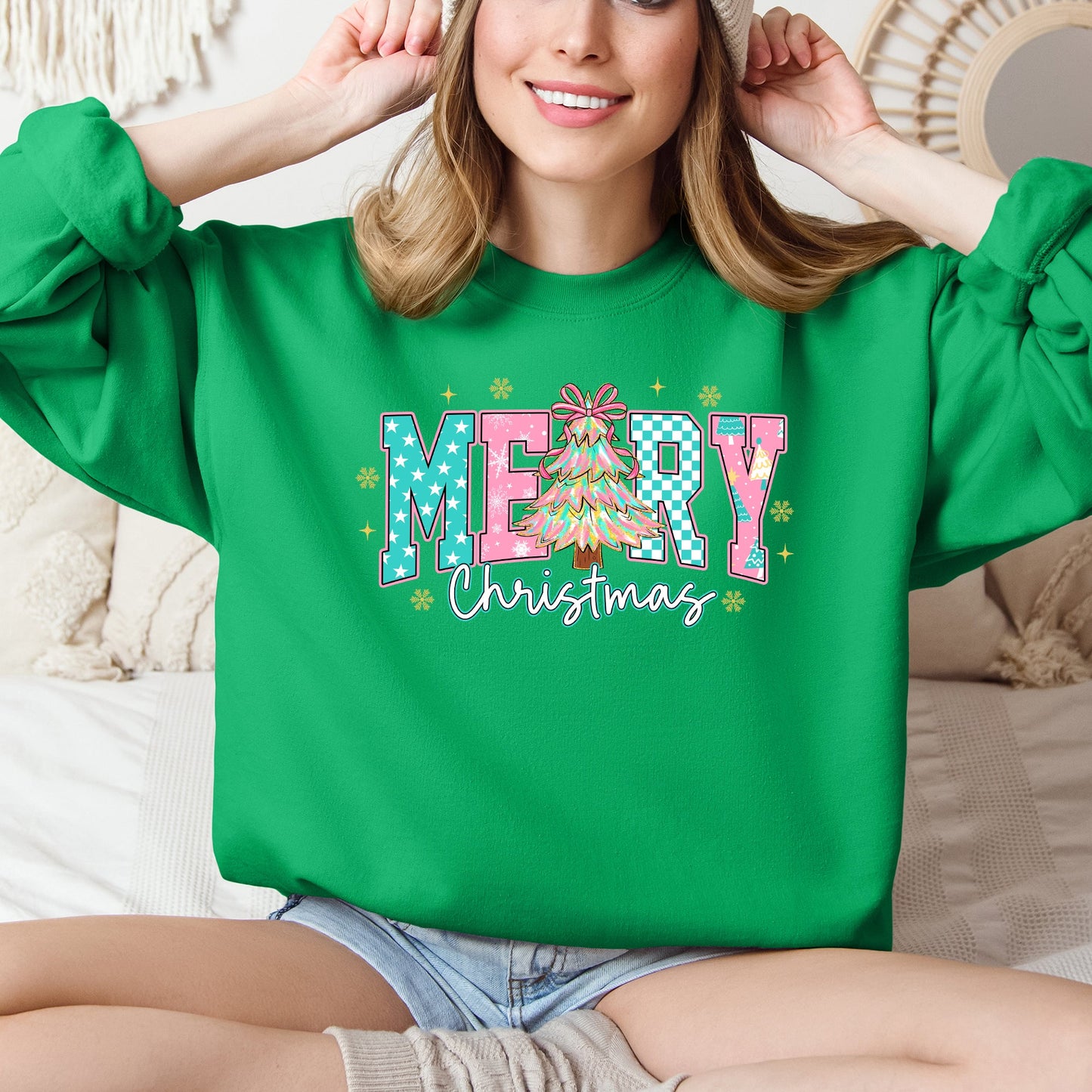 Merry Christmas, Varsity, Christmas Tree, Pink Pattern, Santa Sweatshirt