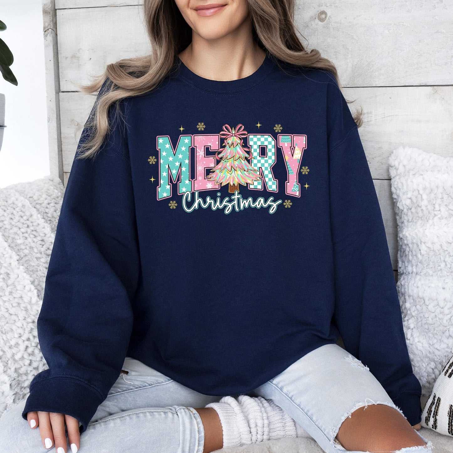 Merry Christmas, Varsity, Christmas Tree, Pink Pattern, Santa Sweatshirt