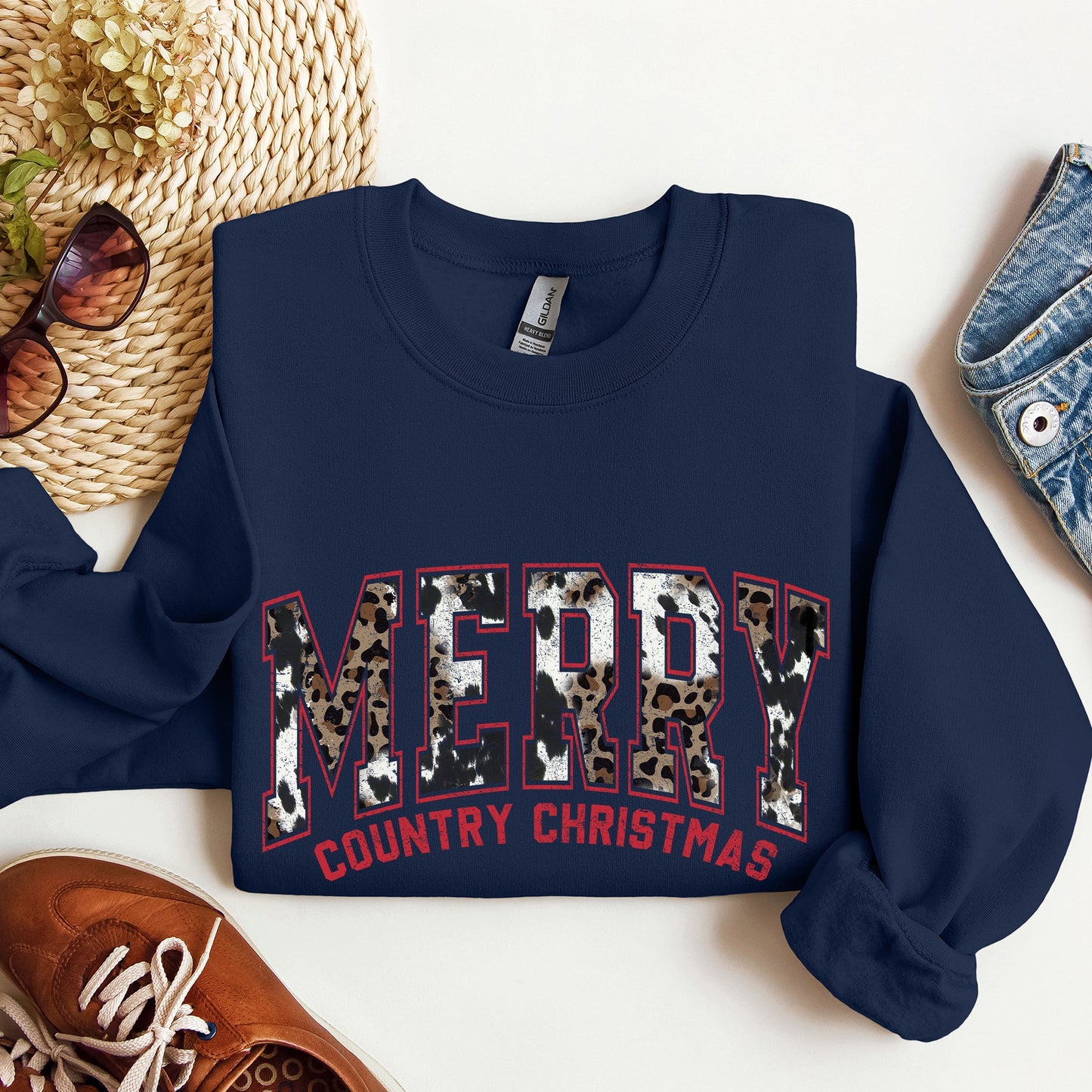 Merry Country Christmas, Collegiate Style, Retro, Fur, Leopard Print Sweatshirt