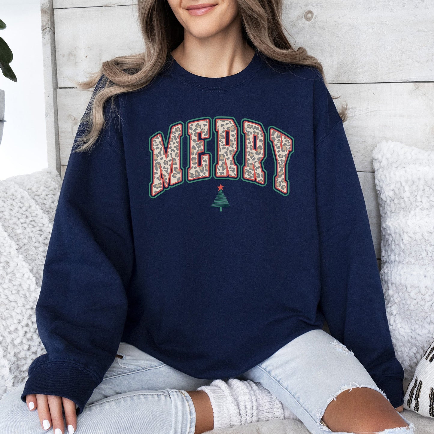 Merry Leopard Print Varsity, Christmas Tree, Santa Sweatshirt