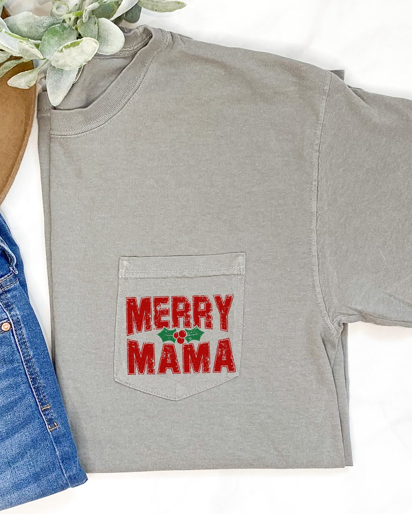 Merry Mama, Pocket, Christmas, Winter, Santa, Snow, Xmas Pocket Tee Comfort Colors T-Shirt