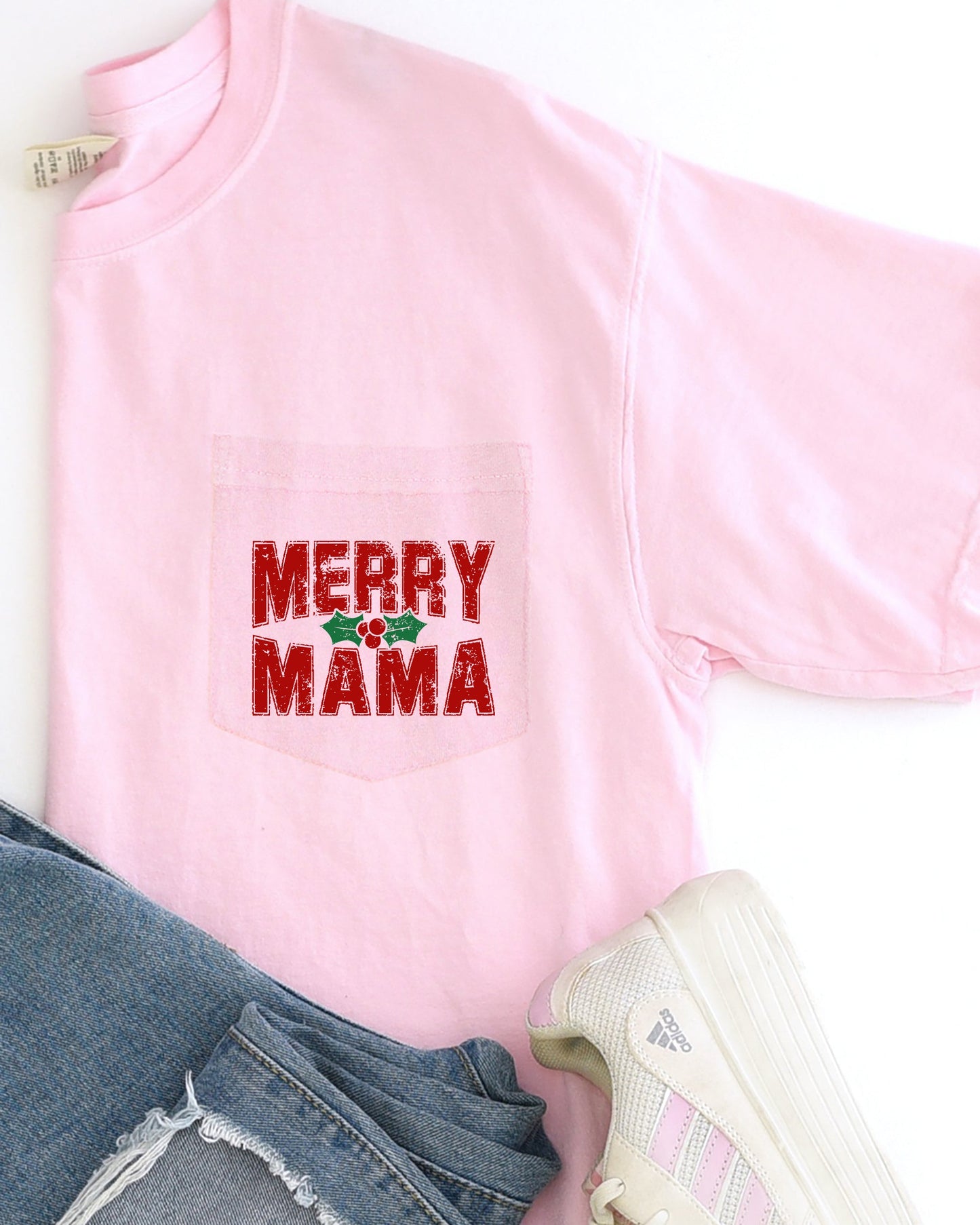Merry Mama, Pocket, Christmas, Winter, Santa, Snow, Xmas Pocket Tee Comfort Colors T-Shirt