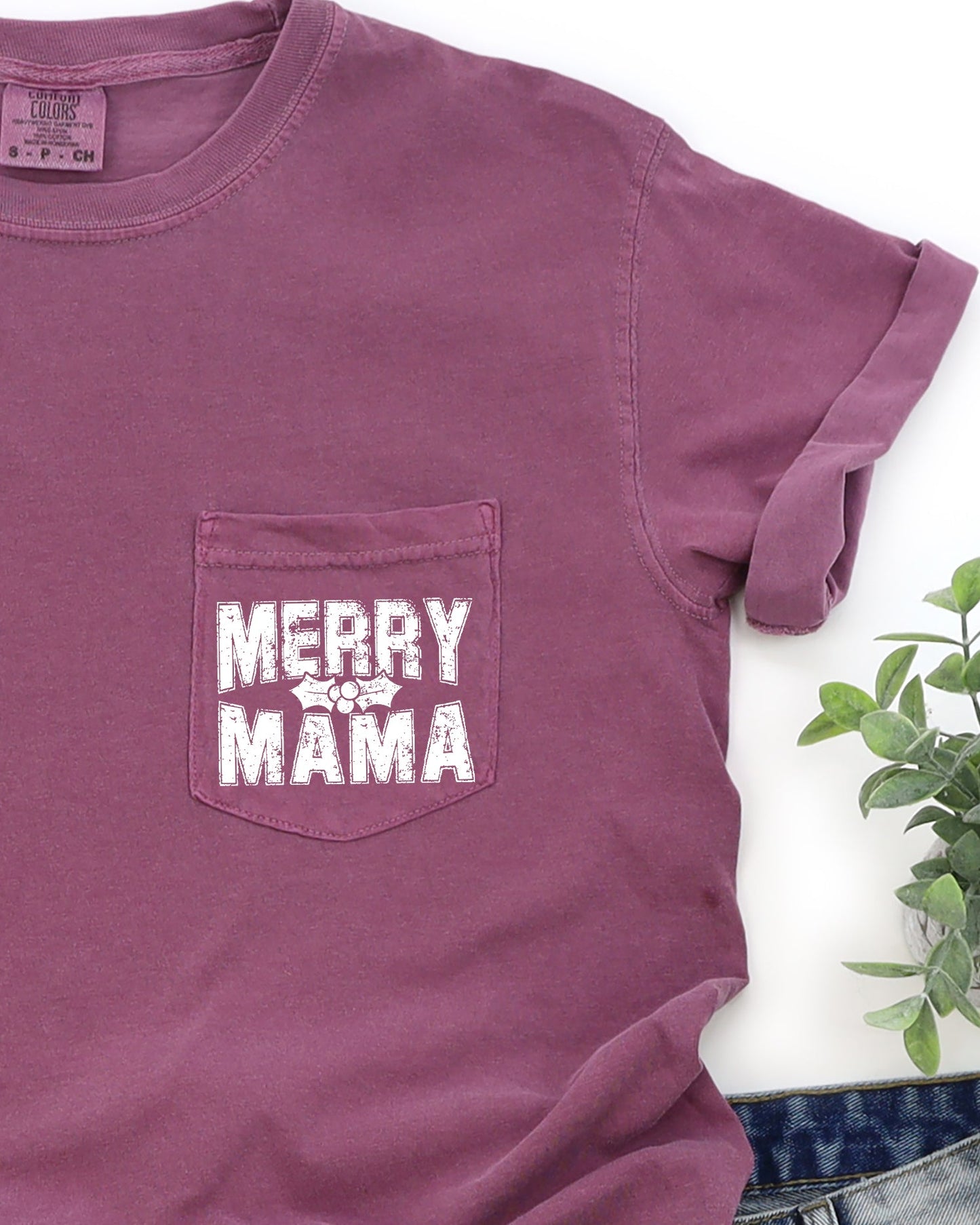 Merry Mama, Pocket, Christmas, Winter, Santa, Snow, Xmas Pocket Tee Comfort Colors T-Shirt
