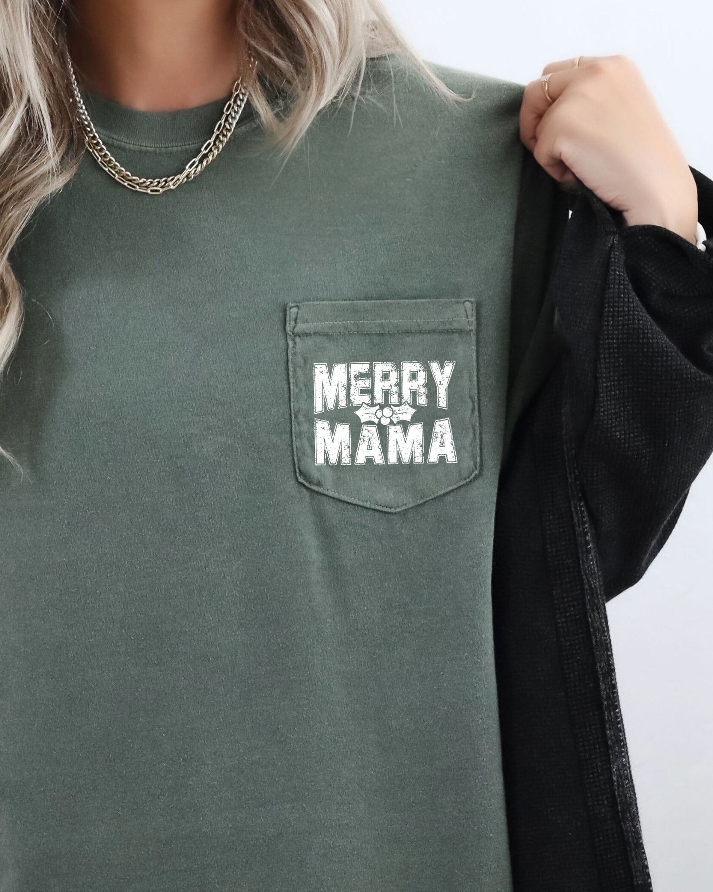 Merry Mama, Pocket, Christmas, Winter, Santa, Snow, Xmas Pocket Tee Comfort Colors T-Shirt