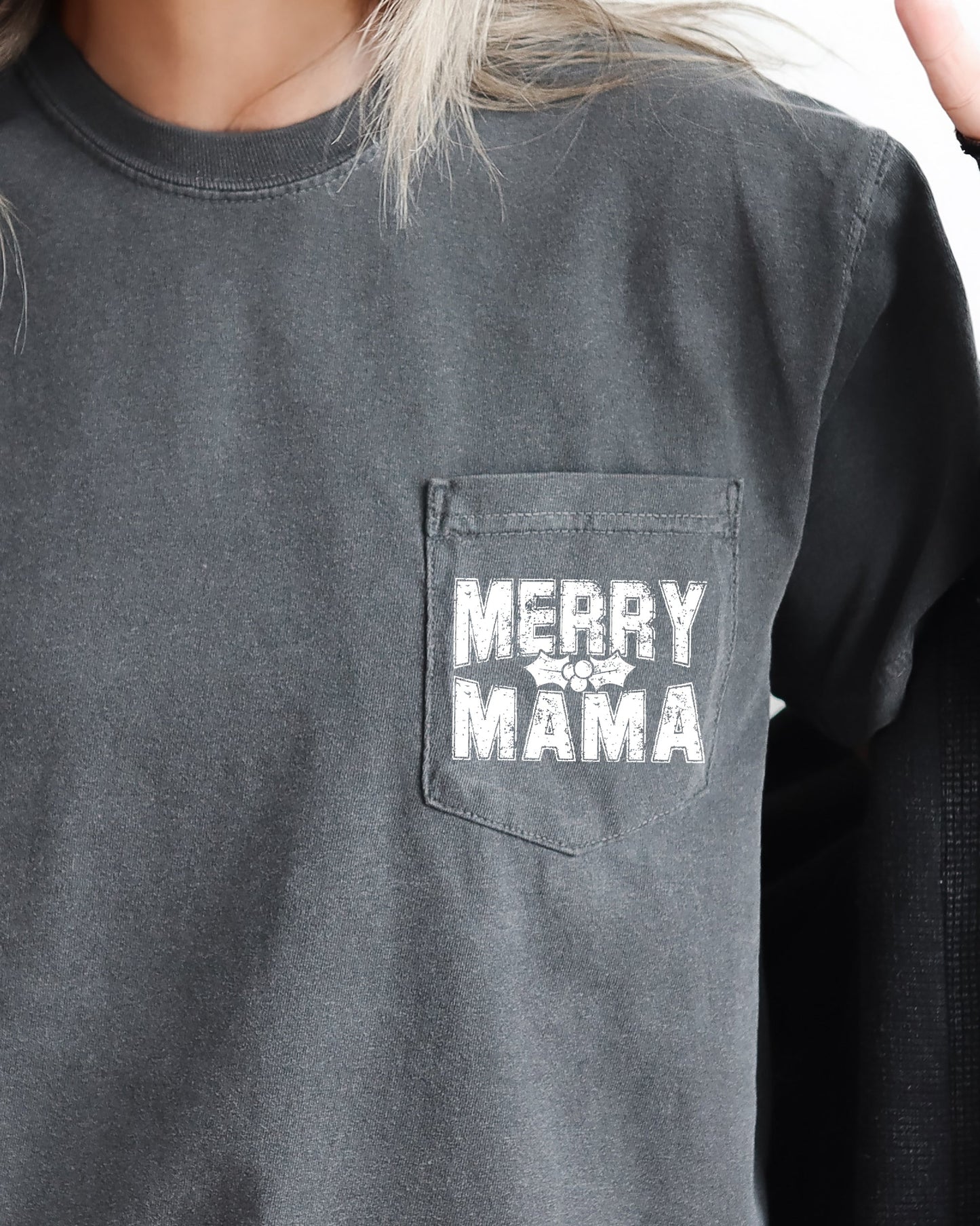 Merry Mama, Pocket, Christmas, Winter, Santa, Snow, Xmas Pocket Tee Comfort Colors T-Shirt