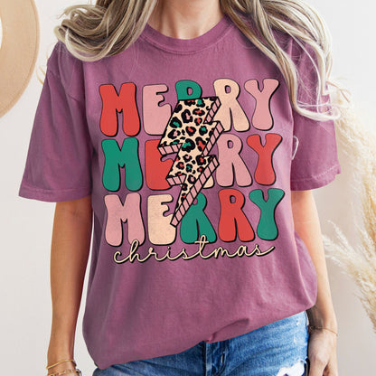 Merry Merry Merry Christmas Retro, Leopard Print, Comfort Colors T-Shirt