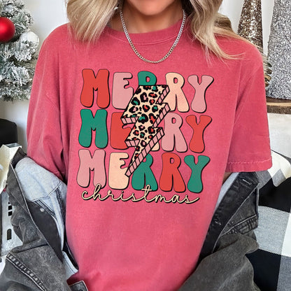 Merry Merry Merry Christmas Retro, Leopard Print, Comfort Colors T-Shirt
