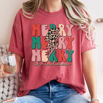 Merry Merry Merry Christmas Retro, Leopard Print, Comfort Colors T-Shirt