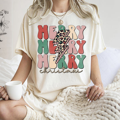 Merry Merry Merry Christmas Retro, Leopard Print, Comfort Colors T-Shirt