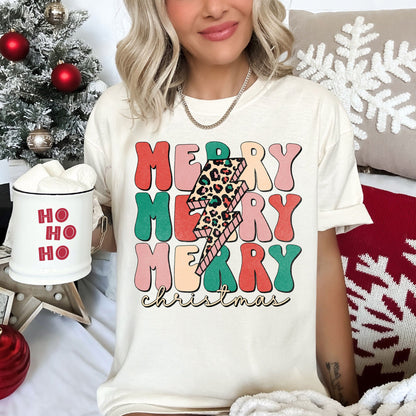 Merry Merry Merry Christmas Retro, Leopard Print, Comfort Colors T-Shirt
