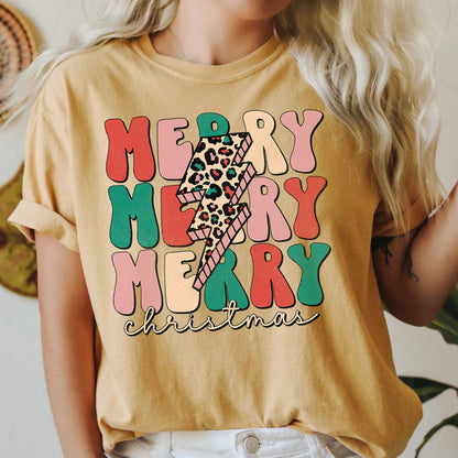 Merry Merry Merry Christmas Retro, Leopard Print, Comfort Colors T-Shirt