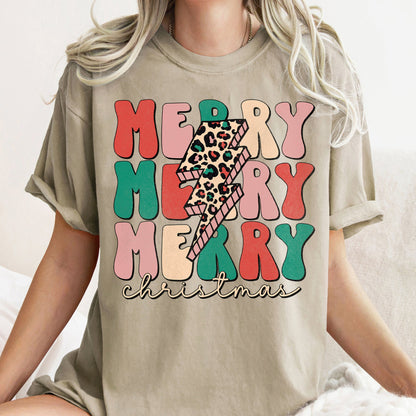 Merry Merry Merry Christmas Retro, Leopard Print, Comfort Colors T-Shirt