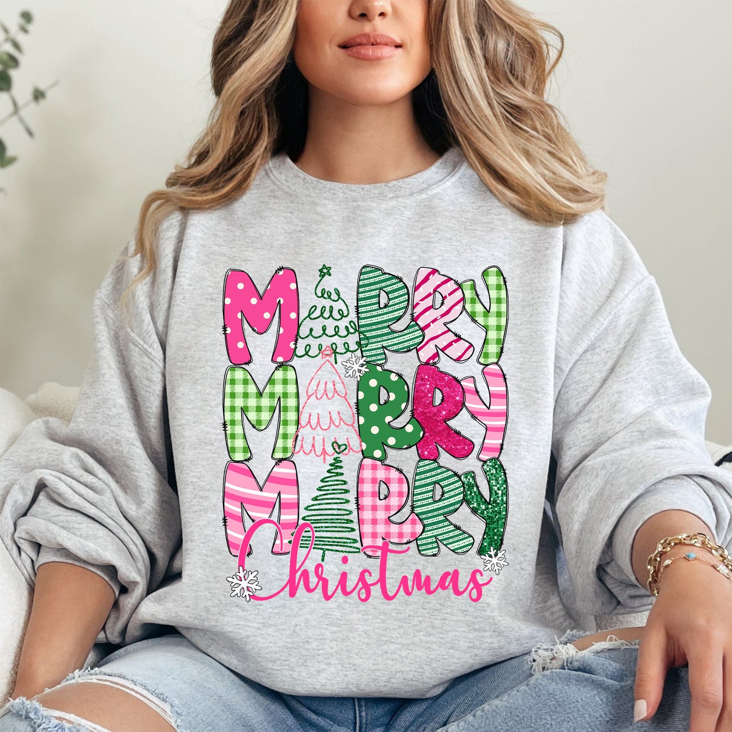 Merry Merry Merry Christmas, Colorful, Patterns, Santa, Xmas Sweatshirt