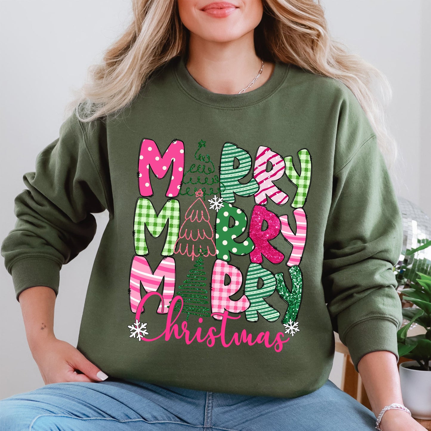 Merry Merry Merry Christmas, Colorful, Patterns, Santa, Xmas Sweatshirt
