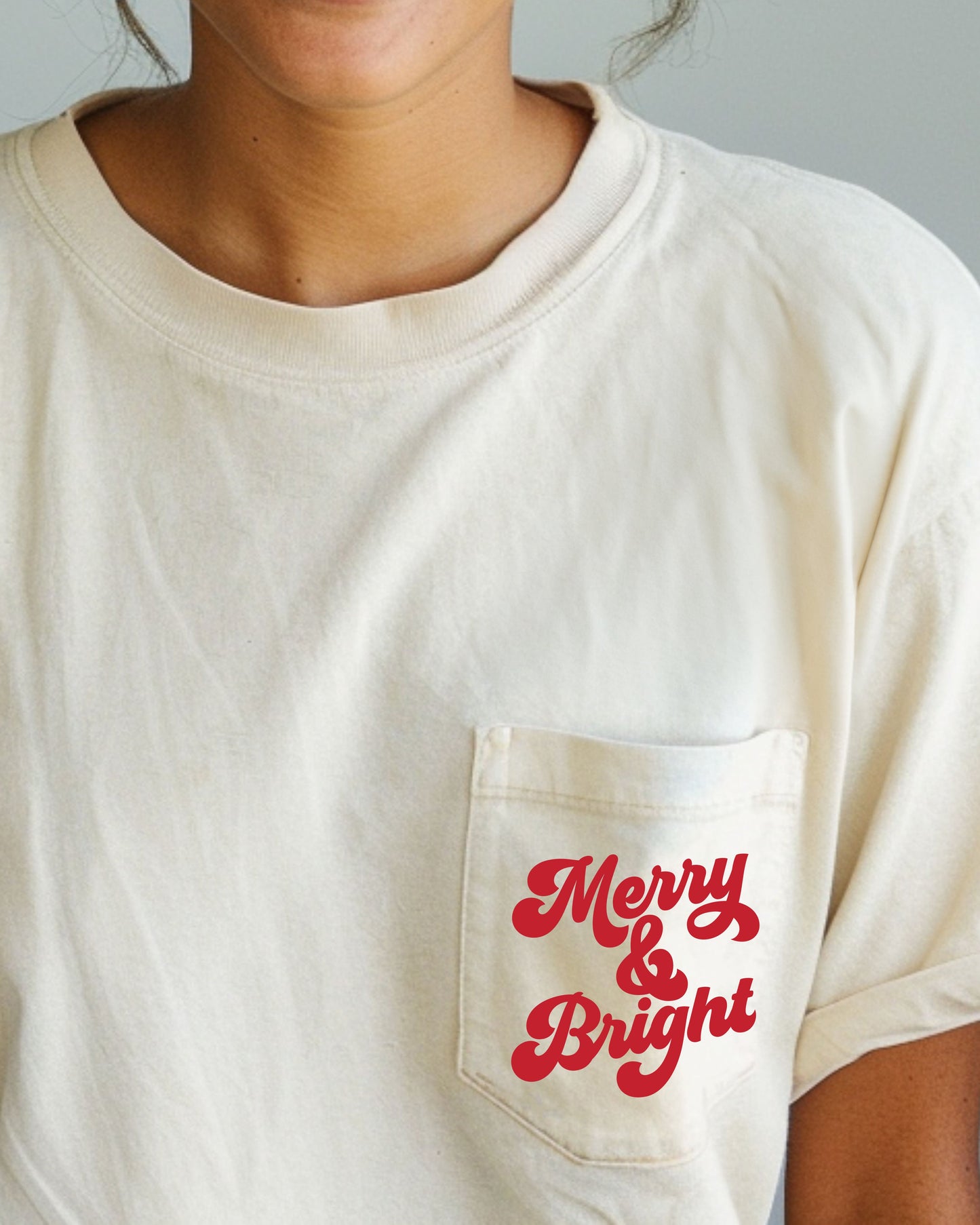 Merry & Bright, Pocket, Christmas, Santa, Winter, Snow, Xmas Pocket Tee Comfort Colors T-Shirt