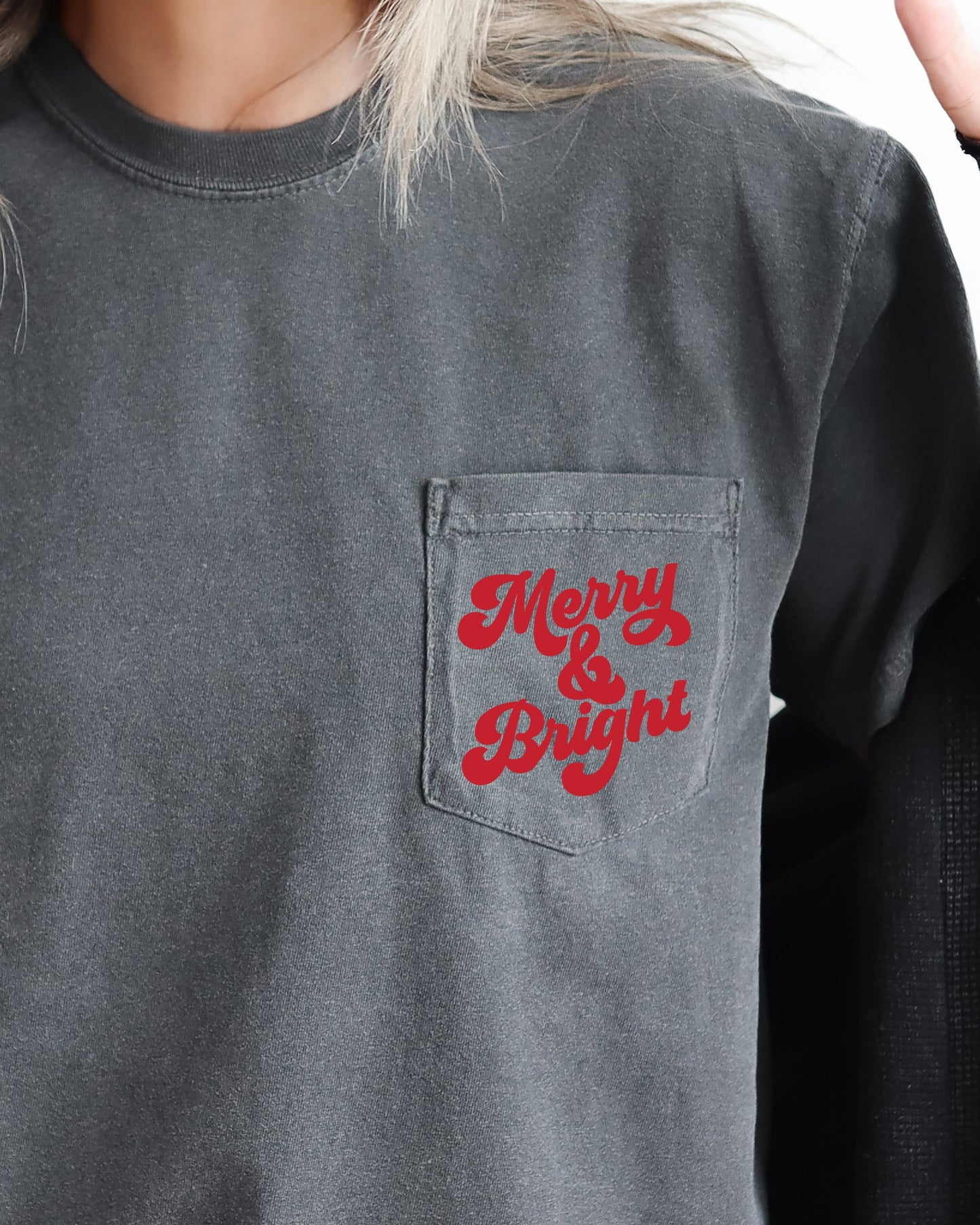 Merry & Bright, Pocket, Christmas, Santa, Winter, Snow, Xmas Pocket Tee Comfort Colors T-Shirt