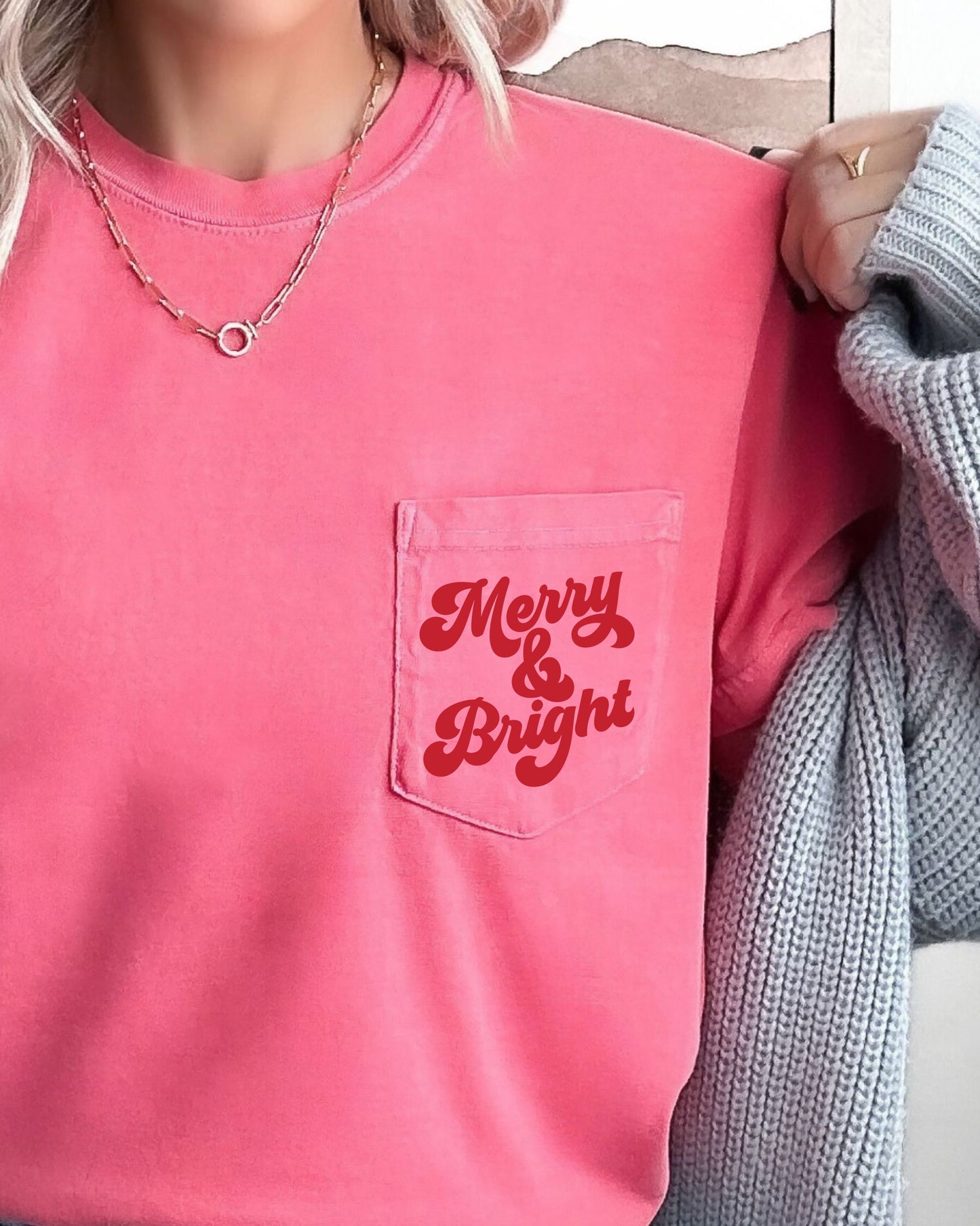 Merry & Bright, Pocket, Christmas, Santa, Winter, Snow, Xmas Pocket Tee Comfort Colors T-Shirt