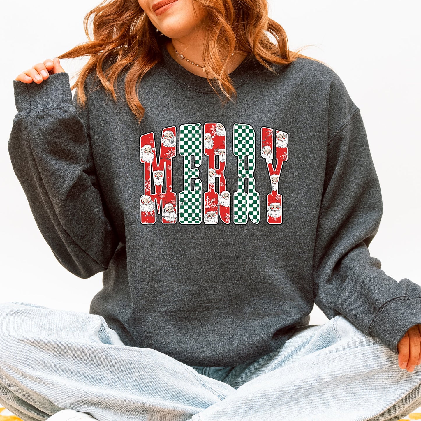 Merry, Varsity Santa, Checkered, Christmas Sweatshirt