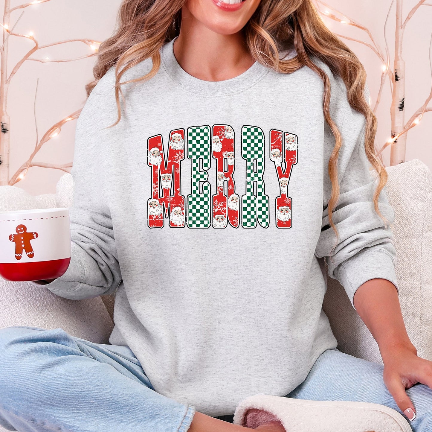 Merry, Varsity Santa, Checkered, Christmas Sweatshirt