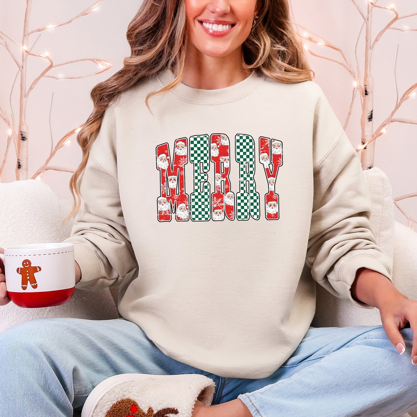Merry, Varsity Santa, Checkered, Christmas Sweatshirt