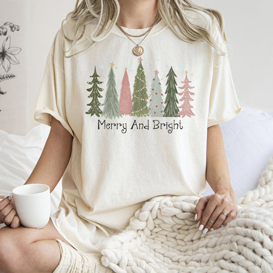 Merry and Bright Christmas Trees, Snowflakes, Stars, Decorations, Pinks, Greens, Comfort Colors, Tshirt
