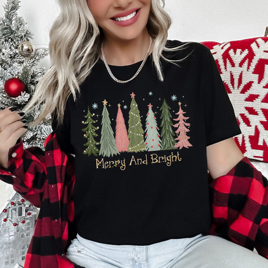 Merry and Bright Christmas Trees, Snowflakes, Stars, Decorations, Pinks, Greens, Super Soft Tees