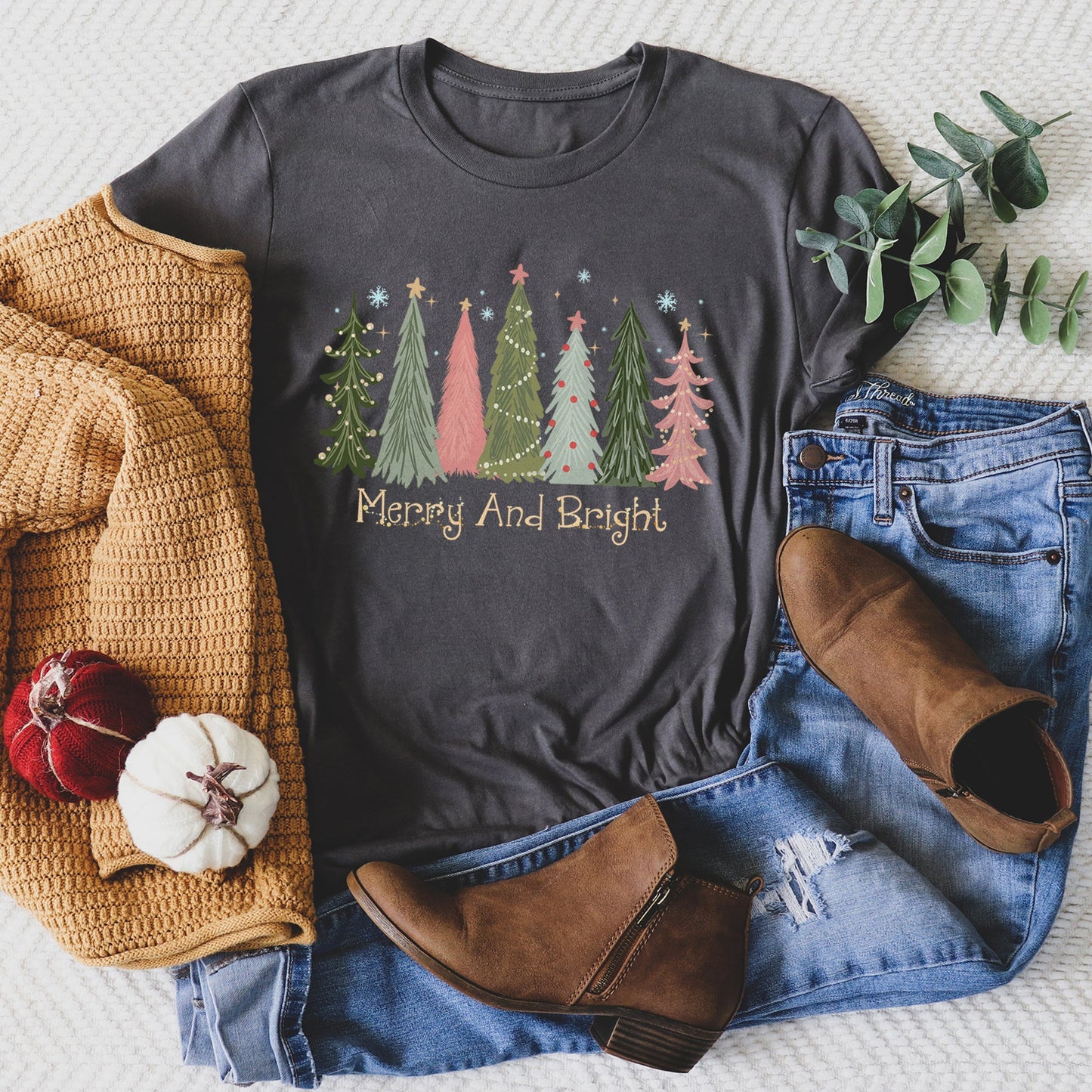 Merry and Bright Christmas Trees, Snowflakes, Stars, Decorations, Pinks, Greens, Super Soft Tees