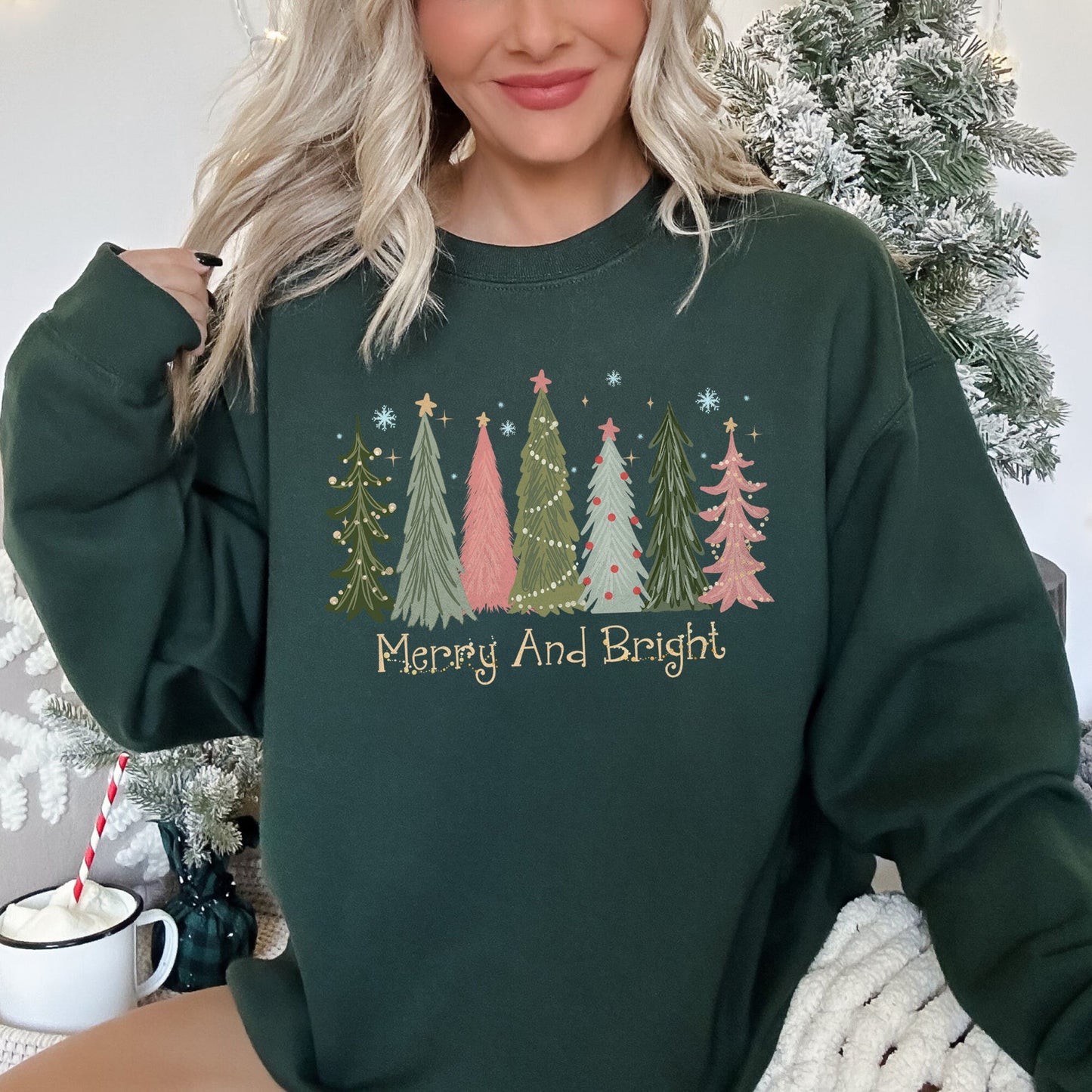 Merry and Bright, Christmas Trees Sweatshirt