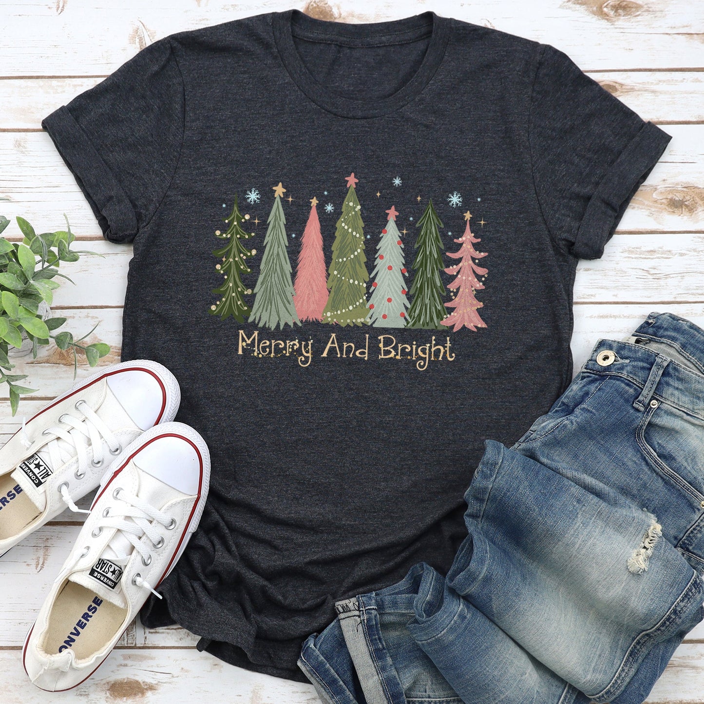 Merry and Bright Christmas Trees, Snowflakes, Stars, Decorations, Pinks, Greens, Super Soft Tees