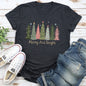 Merry and Bright Christmas Trees, Snowflakes, Stars, Decorations, Pinks, Greens, Super Soft Tees