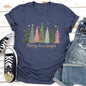 Merry and Bright Christmas Trees, Snowflakes, Stars, Decorations, Pinks, Greens, Super Soft Tees