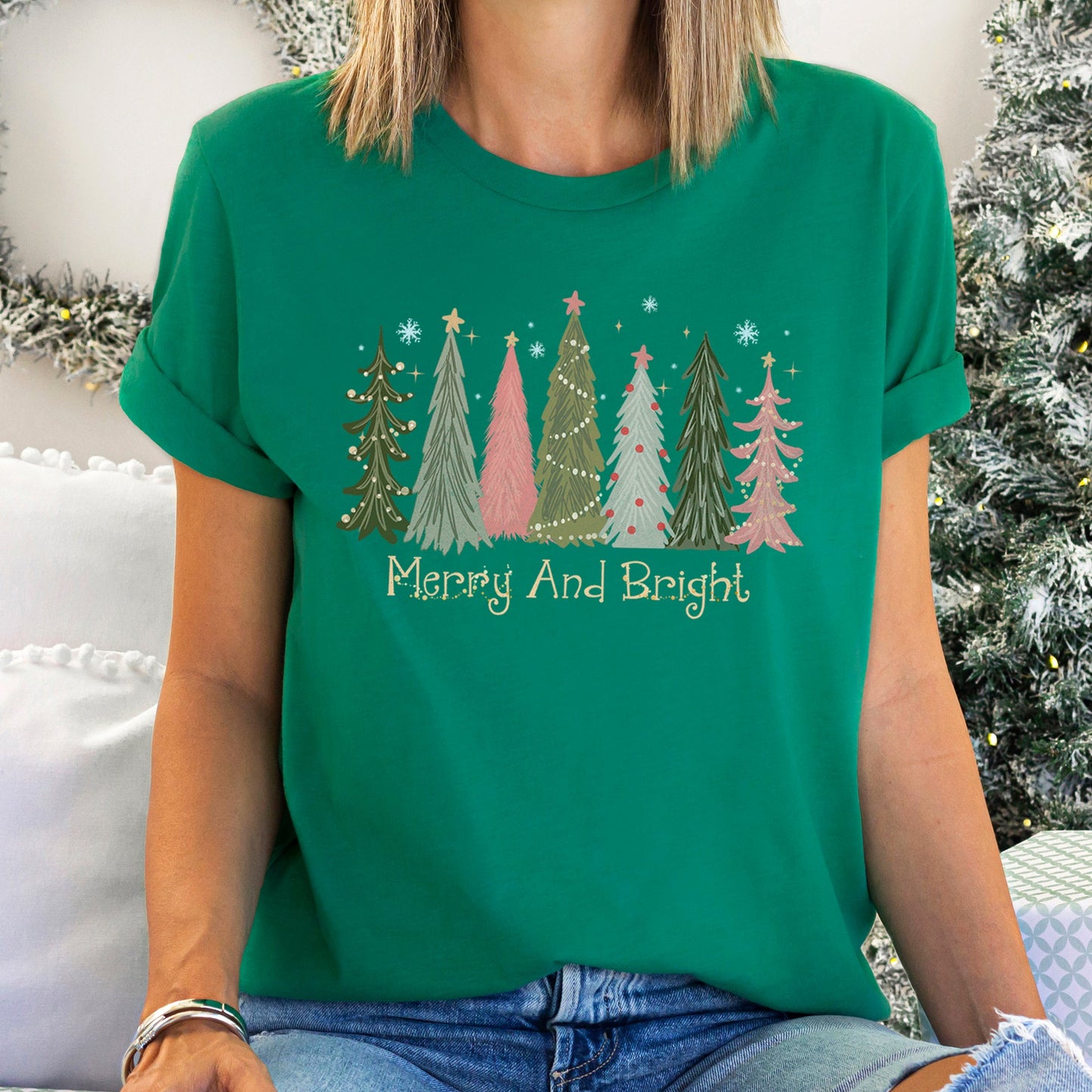 Merry and Bright Christmas Trees, Snowflakes, Stars, Decorations, Pinks, Greens, Super Soft Tees