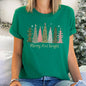 Merry and Bright Christmas Trees, Snowflakes, Stars, Decorations, Pinks, Greens, Super Soft Tees