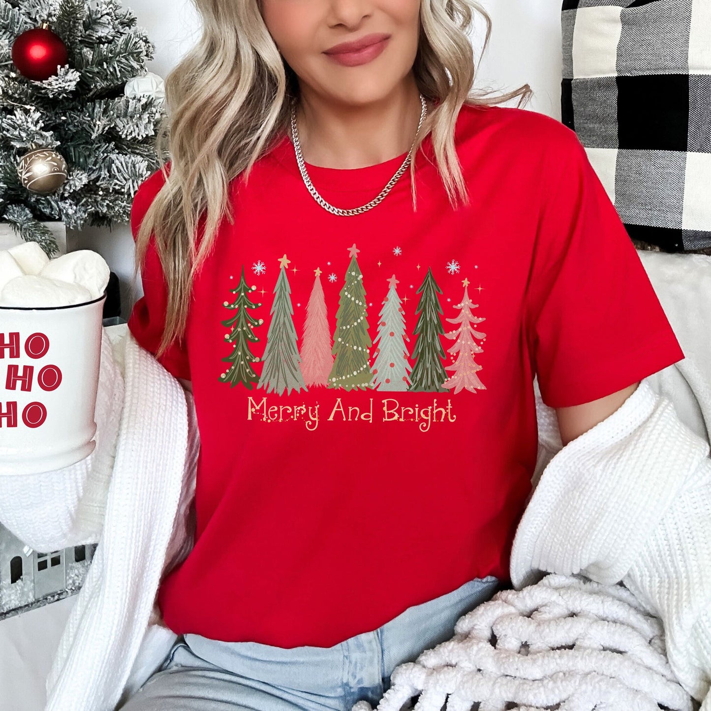 Merry and Bright Christmas Trees, Snowflakes, Stars, Decorations, Pinks, Greens, Super Soft Tees