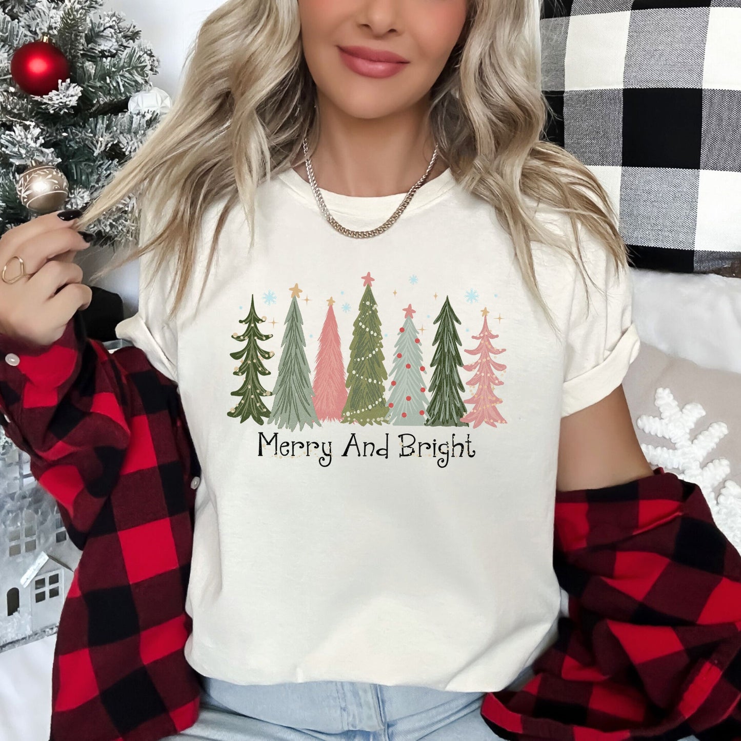 Merry and Bright Christmas Trees, Snowflakes, Stars, Decorations, Pinks, Greens, Super Soft Tees