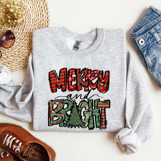 Merry and Bright, Christmas Tree, Colorful, Winter, Xmas, Santa Sweatshirt