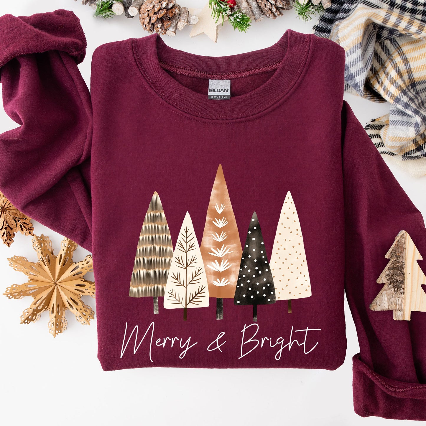 Merry and Bright, Christmas Trees, Hygge, Winter, Santa, Snow, Xmas Sweatshirt